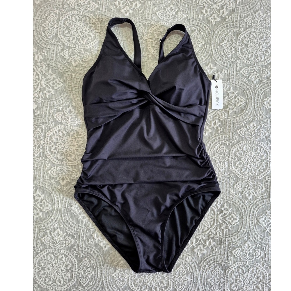 Holipick Womens Black Ruched Twisted Front One Piece Swimsuit Size L